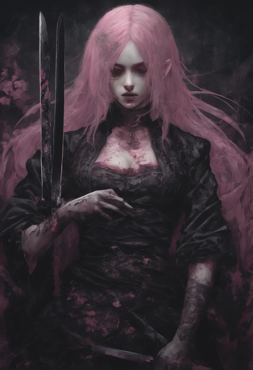 anime girl with pink hair holding a knife in her hand, she is holding a katana sword, yandere. tall, portrait of magical girl, she is holding a sword, mirai nikki, yandere, gapmoe yandere, anime painting, yandere intricate, beautiful anime artwork, unsheathing her katana, with pink hair, clean detailed anime art