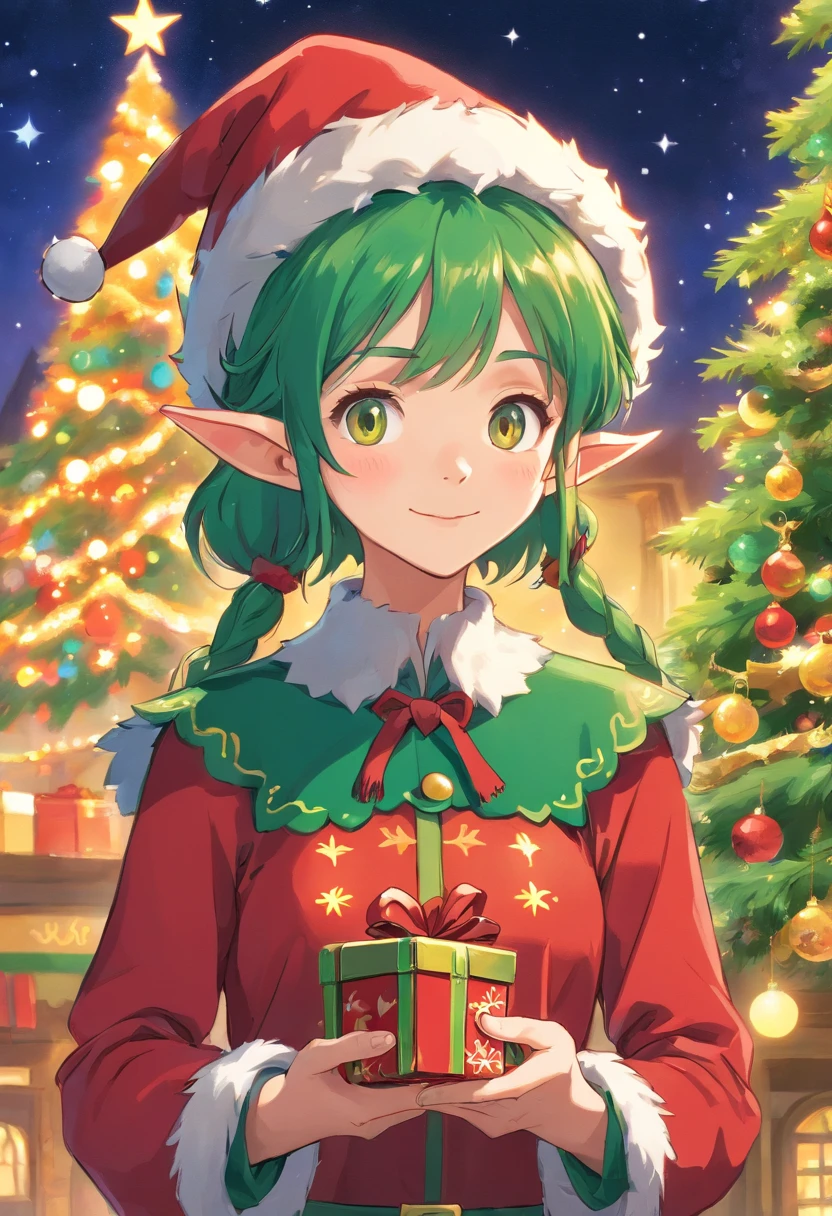 Capture a detailed shot of a Christmas elf’s vibrant and colorful outfit, showcasing the intricate stitching and craftsmanship