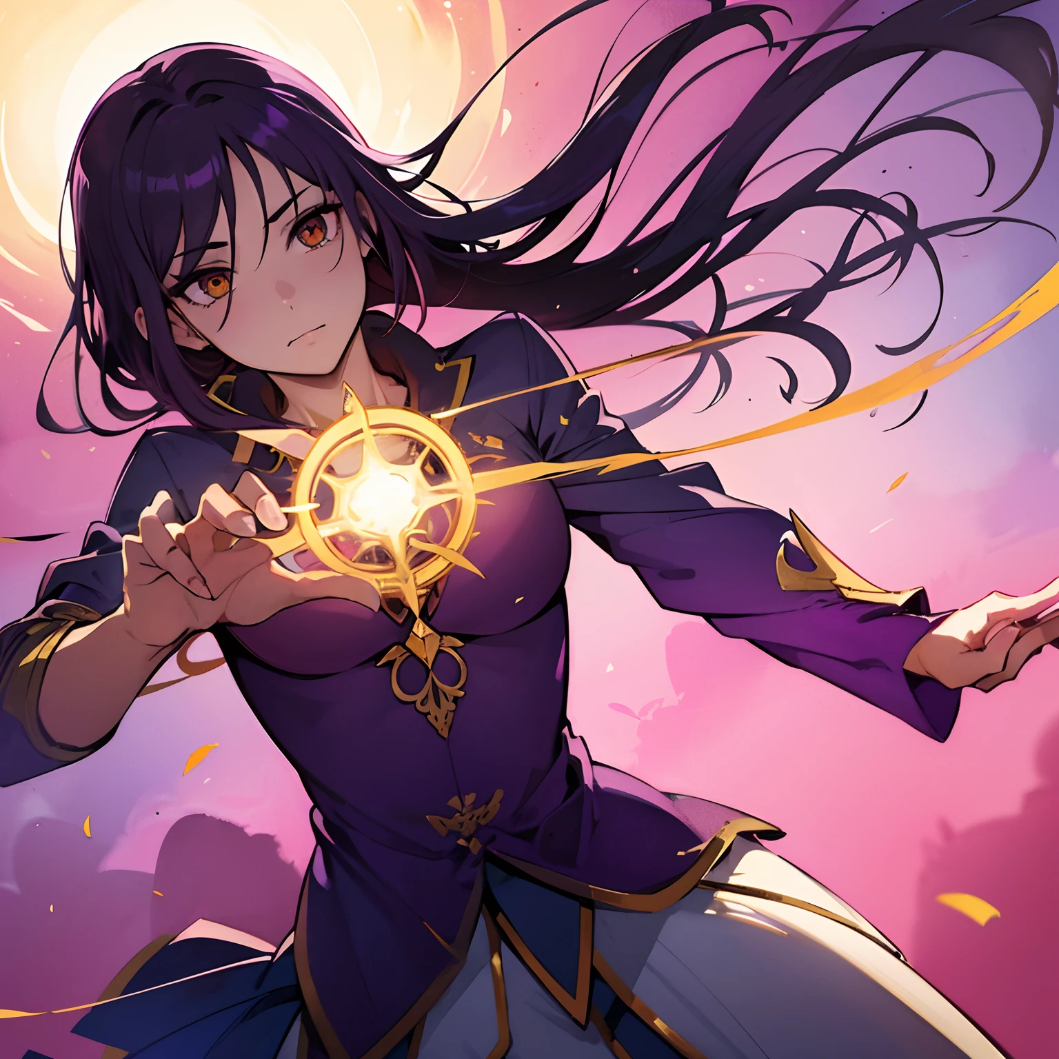 1 mago feminino capuz casting magia aura brilhante, tom vermelho, amarelo e roxo, gradient, shadow, dramatic lighting, perspective (aquarela: 0.4) Amano Yoshitaka,