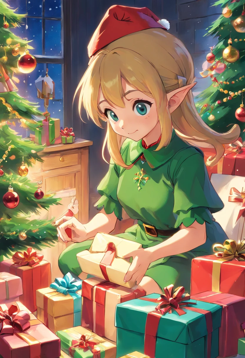 Capture a creative shot of a Christmas elf in action, such as them wrapping gifts or making toys, representing their industrious nature