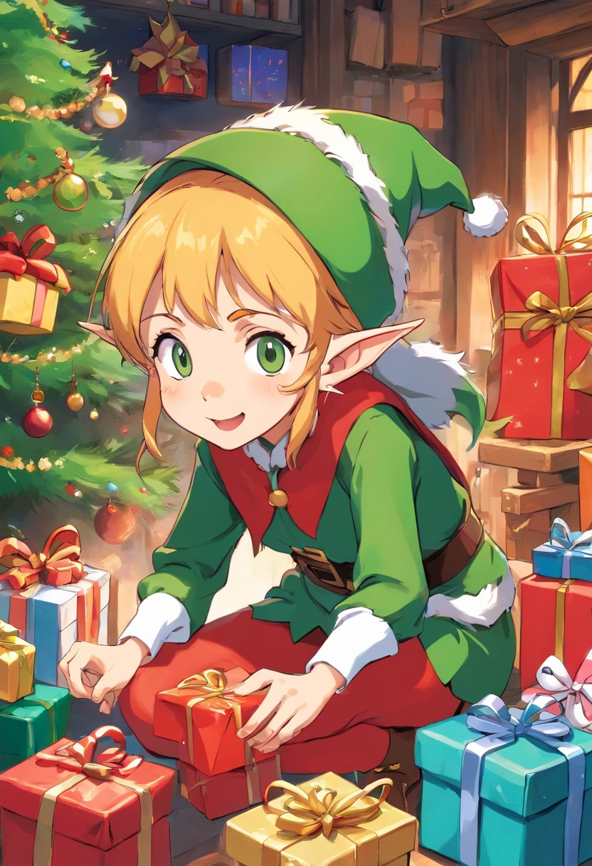 Capture a creative shot of a Christmas elf in action, such as them wrapping gifts or making toys, representing their industrious nature