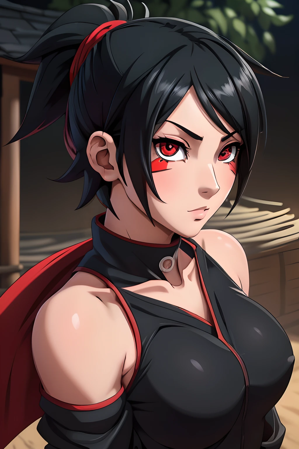 ((ultra quality)), ((tmasterpiece)), Ninja girl from the Uchiha clan, ((black  hair)), Beautiful cute face, Charming, ((sexy facial expression)), is looking at the camera, ((Skin color: white)), Body glare, ((Beautiful Female Eyes)), ((Uchiha's Red Eyes)), ((Perfect Sexy Figure)), Ideal body shapes, big thighs, ((Subtle and beautiful)), Sexy stance ((Bottom close-up)), ((Black Sexy Ninja Clothes)), background: Konoha, Ninja Village, the night, Depth of field, ((clear image)), ((crisp details)), Realistic, Professional Photo Session, ((Clear Focus)), ((cartoon)), the anime, NSFW