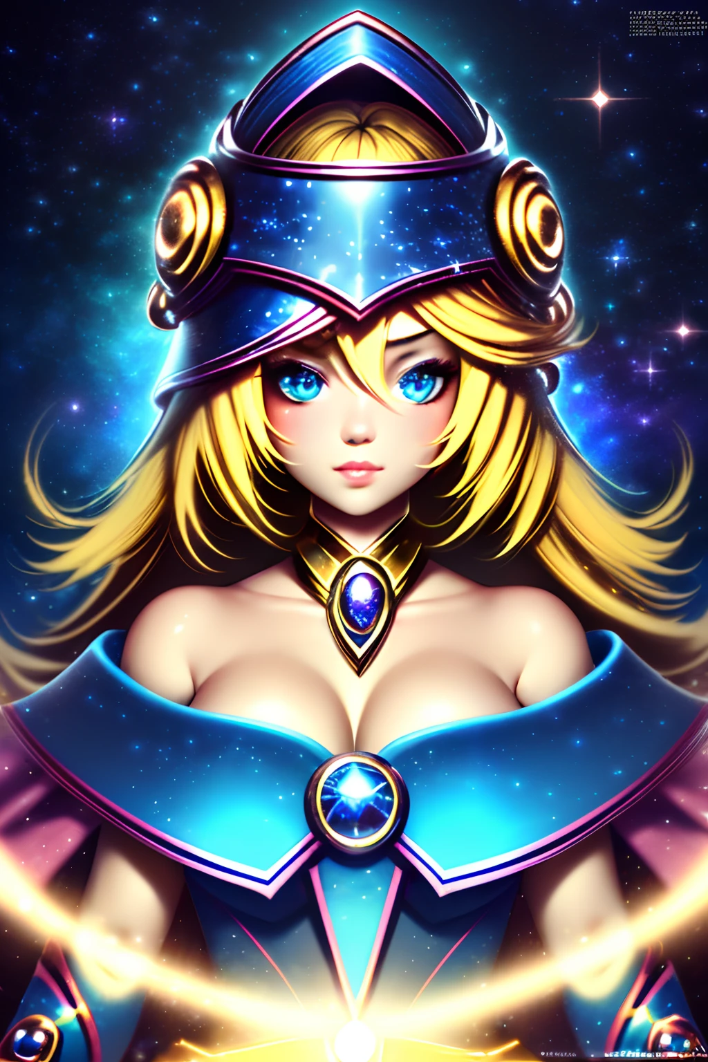 ((La mejor calidad)), ((Obra maestra)), ((realista)), retrato, dark magician gils. ojos azules. cabello rubio.
1girl, celestial, Deidad, diosa, light particles, halo, Mirando al espectador,
(bioluminiscente:0.95), Vibrante, Colorido, Color, (resplandeciente, resplandecer),
(beautiful composition), cinematic lighting, intrincado, (Symmetrical:0.5), Caprichoso,