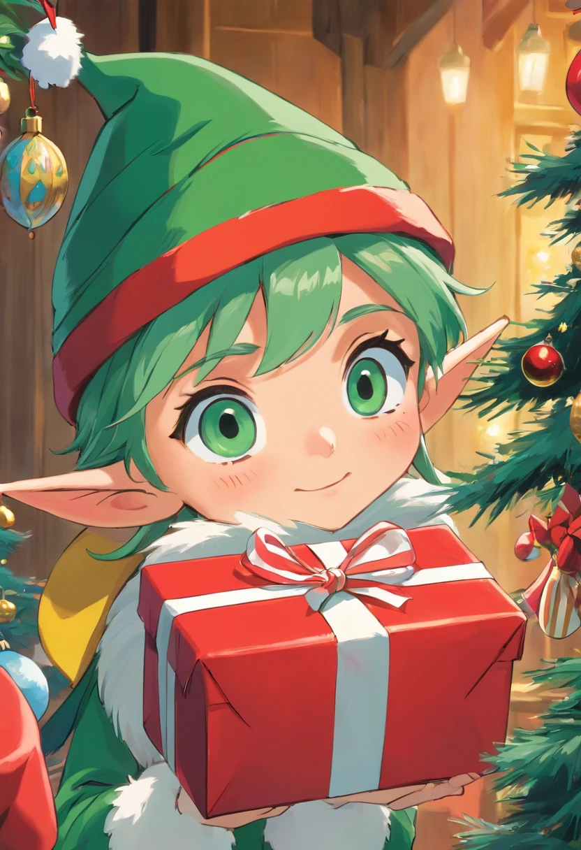 score_9, score_8_up, score_7_up, rating_safe, highly detailed, female, cute goblin, green skin, purple hair, sweater, pants, (shy), smile, rug, fireplace, living room, BREAK, poinsettia, red flower bouquet, christmas, winter, close up, from above <lora:Poinsettia_Pony:0.5>