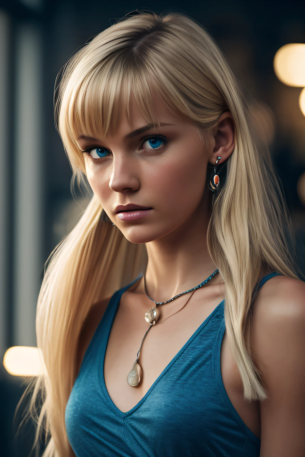 Slender, young, short blonde hair, blue eyes, full view, in gym, natural skin texture, looking at side, 24mm, 4K textures, soft cinematic light, RAW photography, photorealistic, photorealistic, complex, elegant, highly detailed, sharp focus, (((cinematic look))), calm Tone, Insane Detail, Complex Detail, Ultra Detail, High Contrast, Soft Cinematic Light, Dim Colors, Exposure Blending, HDR, Faded, Cold, Waist Thin, Well-Proportioned, (8k, 4k, Top Quality, Hi-Res: 1.1), (Realistic, Photorealistic: 1.1), Girl, Twin Tails, Blonde Hair, Bangs, Long Hair, Necklace, Earrings, Lips, Eye Shadow, Jewelry, (Viewer Looking For: 1.8), Spaghetti Straps, Detail, High Contrast, from_side, srfc, stunning complex full color, spectacular character composition, sharp focus, natural light, sub-surface scatter, f2, 35mm, film grain
