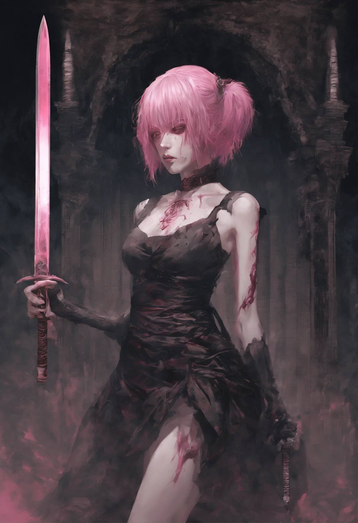 anime girl with pink hair holding a knife in her hand, she is holding a katana sword, yandere. tall, portrait of magical girl, she is holding a sword, mirai nikki, yandere, gapmoe yandere, anime painting, yandere intricate, beautiful anime artwork, unsheathing her katana, with pink hair, clean detailed anime art