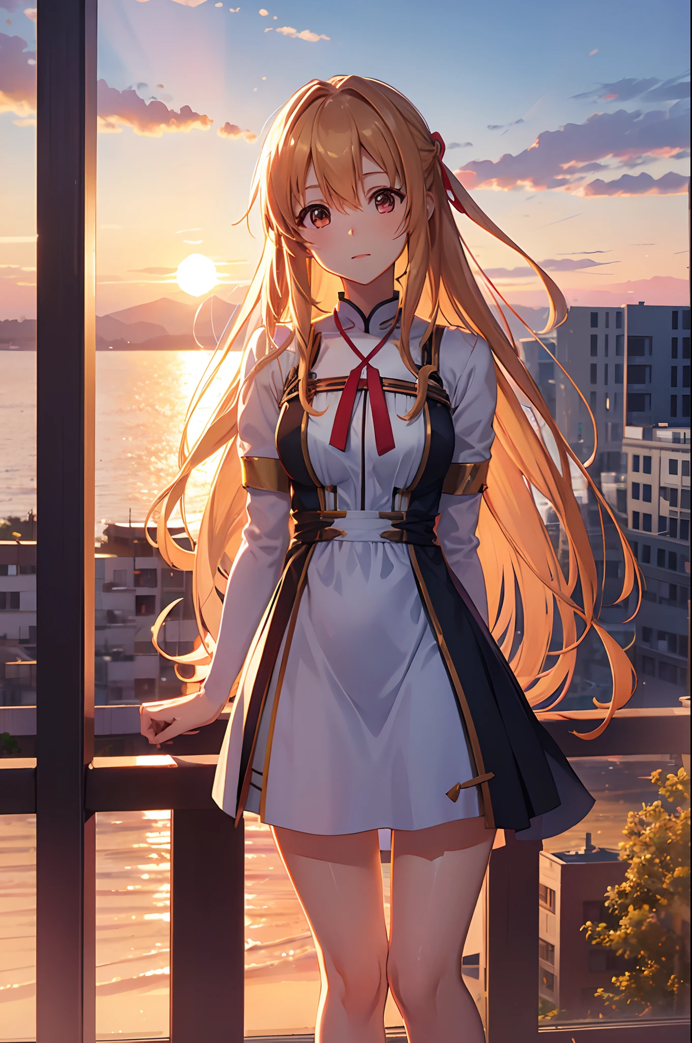 Asuna, wearing a dress, short skirt, golden hour, pov, dating, blushing face, potrait, detailed, look behind, candid, sunset