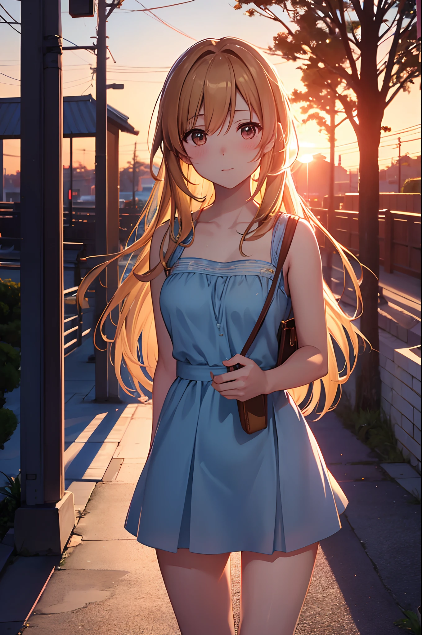 Asuna, wearing a dress, short skirt, golden hour, pov, dating, blushing face, potrait, detailed, look behind, candid, sunset