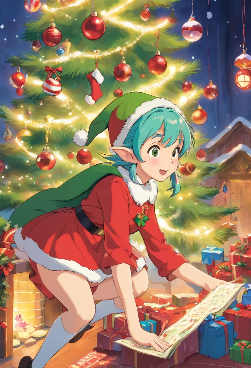 Capture a playful shot of a Christmas elf engaged in a fun holiday activity, such as decorating a Christmas tree or hanging stockings