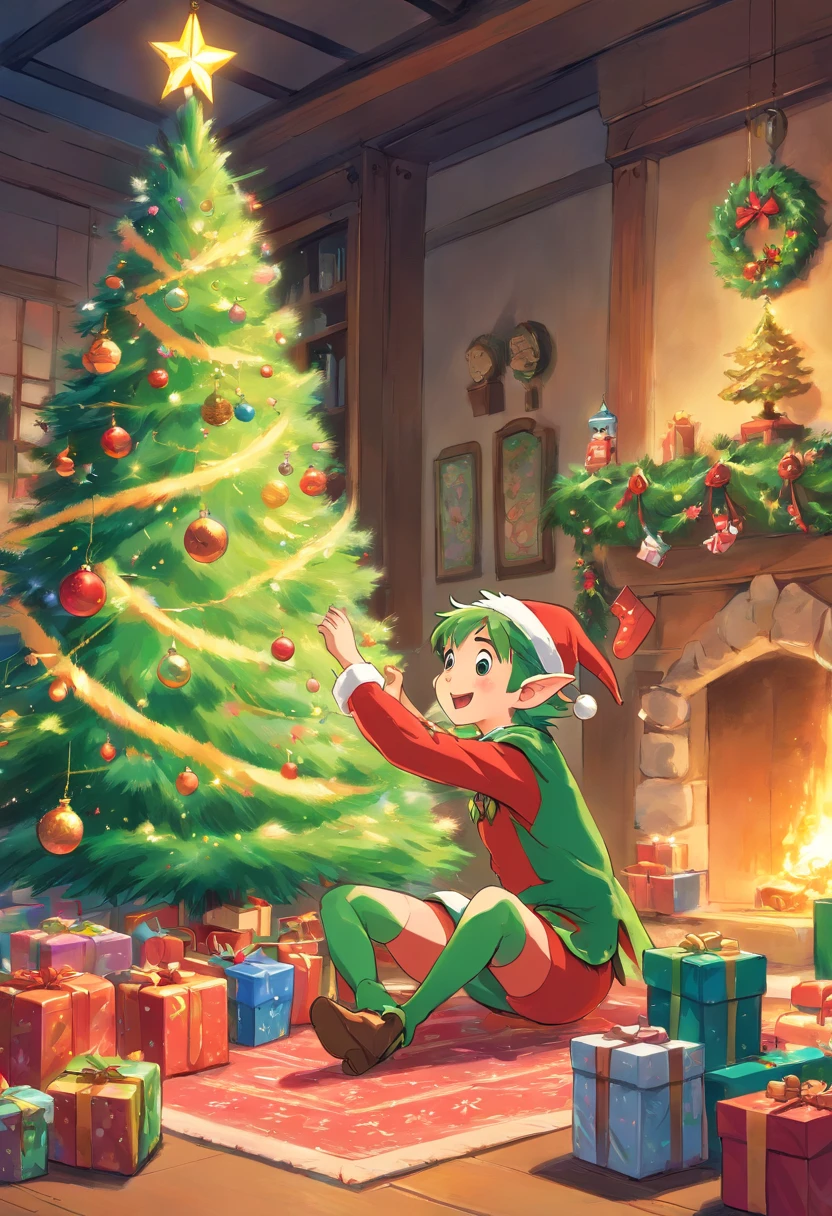 Capture a playful shot of a Christmas elf engaged in a fun holiday activity, such as decorating a Christmas tree or hanging stockings