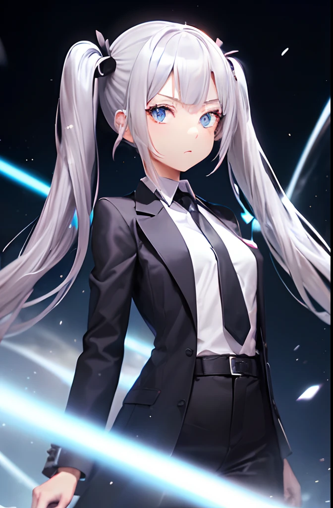 (masutepiece, Best Quality:1.3), (Ultra-detailed:1.3), 1girl in, Solo, (Silver hair, Well-groomed twin tails, Long hair),Normal breasts, Blue eyes, (Nadeshiko colored shirt, black necktie, Black coat, Open coat), Cowboy Shot, Cinematic lighting, (((Glowing particles of light))), (arms behind back), Dynamic Angle,(((Petite girl with silver hair twin tails))),Neon Effect