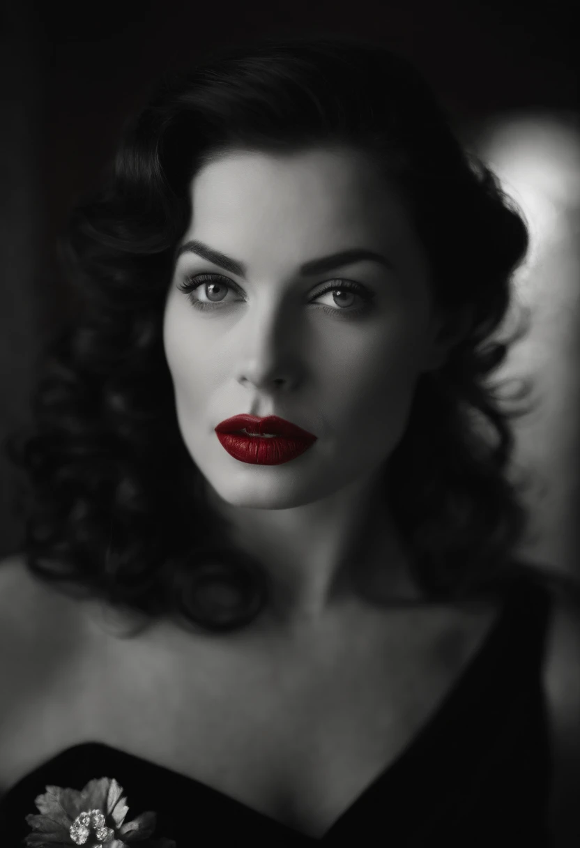 Beauty, mature face with white skin and red lips, 1940s style, black and silver long wavy hare, long black gown with red pumps, slim face, oval face, dark eyes,
