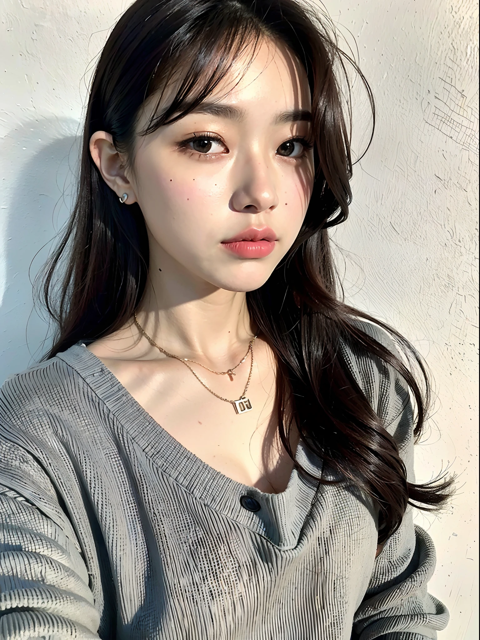Kim Jennie with black hair, with curls, Brown eyes, pretty eyes, He, pretty lips, pink lips, Heart and cupid shaped lips, Beautiful skin, pale white skin, with moles and freckles all over his face, soft pink blush on cHeeks, douyin makeup, popular korean makeup, with a necklace, while wearing a white shirt, with summer shorts, thin abdomen, (big breasts, deep neckline), VHS style photo, old picture, autophoto, looking to tHe camera