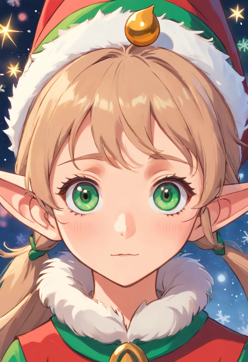 Capture a close-up shot of a Christmas elf’s pointy ears and expressive eyes, capturing their unique and magical features