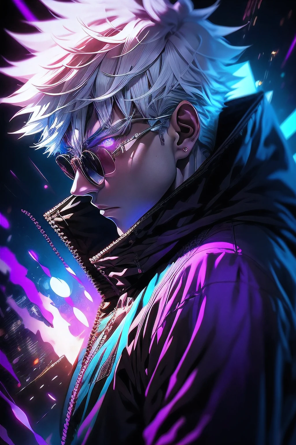 a man with white hair and a purple jacket holding a cell phone, cyberpunk art inspired by Munakata Shikō, tumblr, digital art, ufotable art style, anime wallaper, profile picture 1024px, trigger anime artstyle, badass anime 8 k, tokyo ghoul, 4k anime wallpaper, jujutsu kaisen