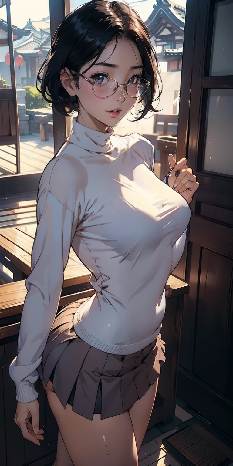 realisticlying、11 year old girl、The chest is wide and transparent、short-hair、Sweating(1 shiny skin.7)Wear a beige turtleneck sweater that emphasizes your buttocks and chest, Wearing glasses、There is cleavage on the chest with upper eyes, and buttocks、Wearing a ruffled miniskirt、Breasts enlarged、Versatile sexy poses、Face smile、BackgroundRural towns in Japan、Emphasis on chest contour shading