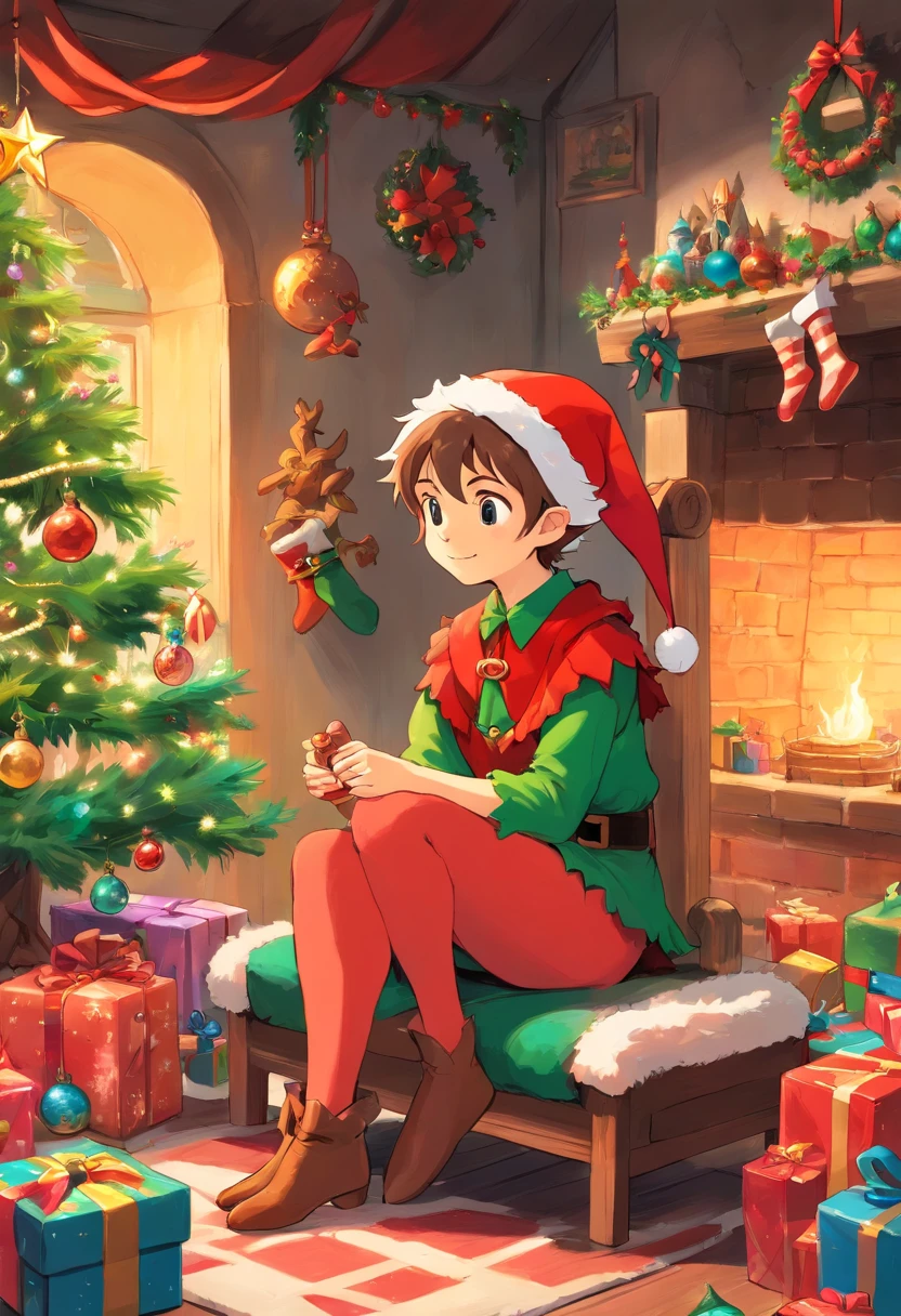 Capture an image of a Christmas elf sitting on a shelf or in a cozy corner, surrounded by festive decorations, creating a whimsical and enchanting scene