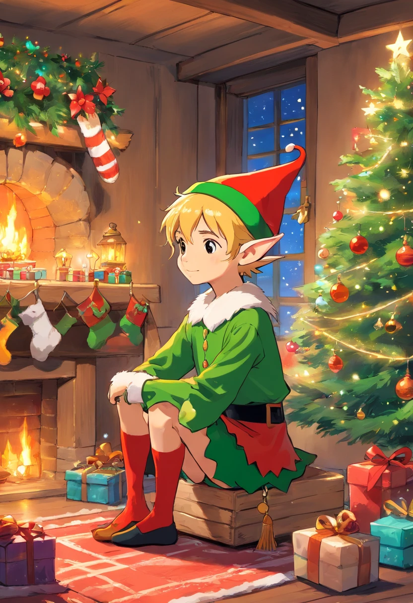 Capture an image of a Christmas elf sitting on a shelf or in a cozy corner, surrounded by festive decorations, creating a whimsical and enchanting scene