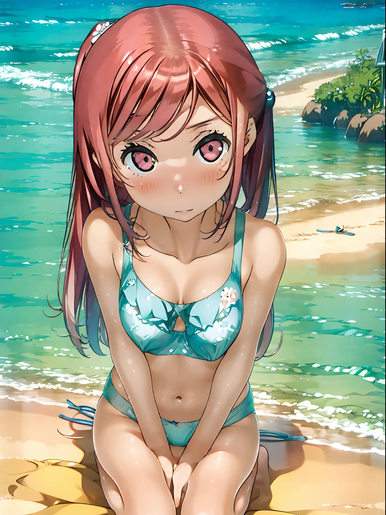 An image captured with a leica summarit 50mm f1.5 lens, featuring a portrait of a  anime girl with pink long hair,she is wearing white bikini swimsuits,she is sitting on white sand beach,tropical island and ocean background, with a cinematic composition and lighting