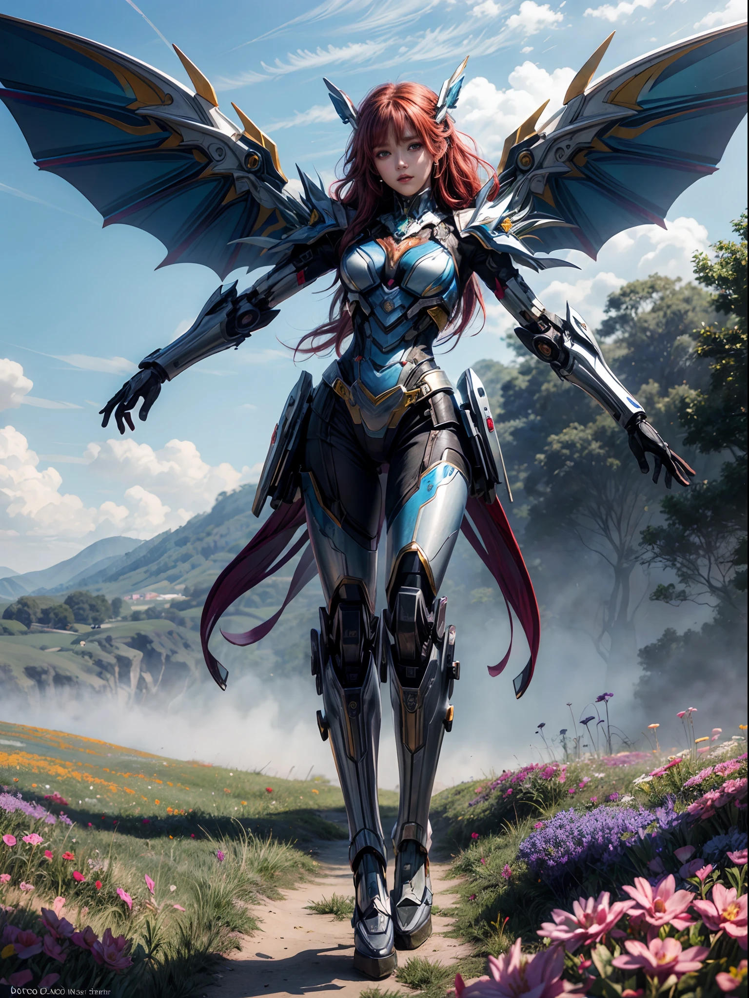 a picture of a mecha fairy resting in a rainbow colored flower meadow, full body, an exquisite beautiful (ultra detailed, Masterpiece, best quality: 1.4) female mecha fairy, dynamic angle (best detailed, Masterpiece, best quality), best detailed face (best detailed, Masterpiece, best quality: 1.5), ultra feminine (best detailed, Masterpiece, best quality), dragon_wings, red hair, long hair, braided hair, dynamic eyes color, (wearing mecha armor: 1.4), resting in (rainbow colored flower meadow: 1.6), full colored, (perfect spectrum: 1.3),( vibrant work: 1.4) vibrant shades of red, orange, yellow, green, blue, indigo, violet day light, sun rising, high details, fantasy art, RPG art best quality, 16k, [ultra detailed], masterpiece, best quality, (ultra detailed), full body, ultra wide shot, photorealistic, mecha musume, anatomically correct, textured skin, high details, 8k