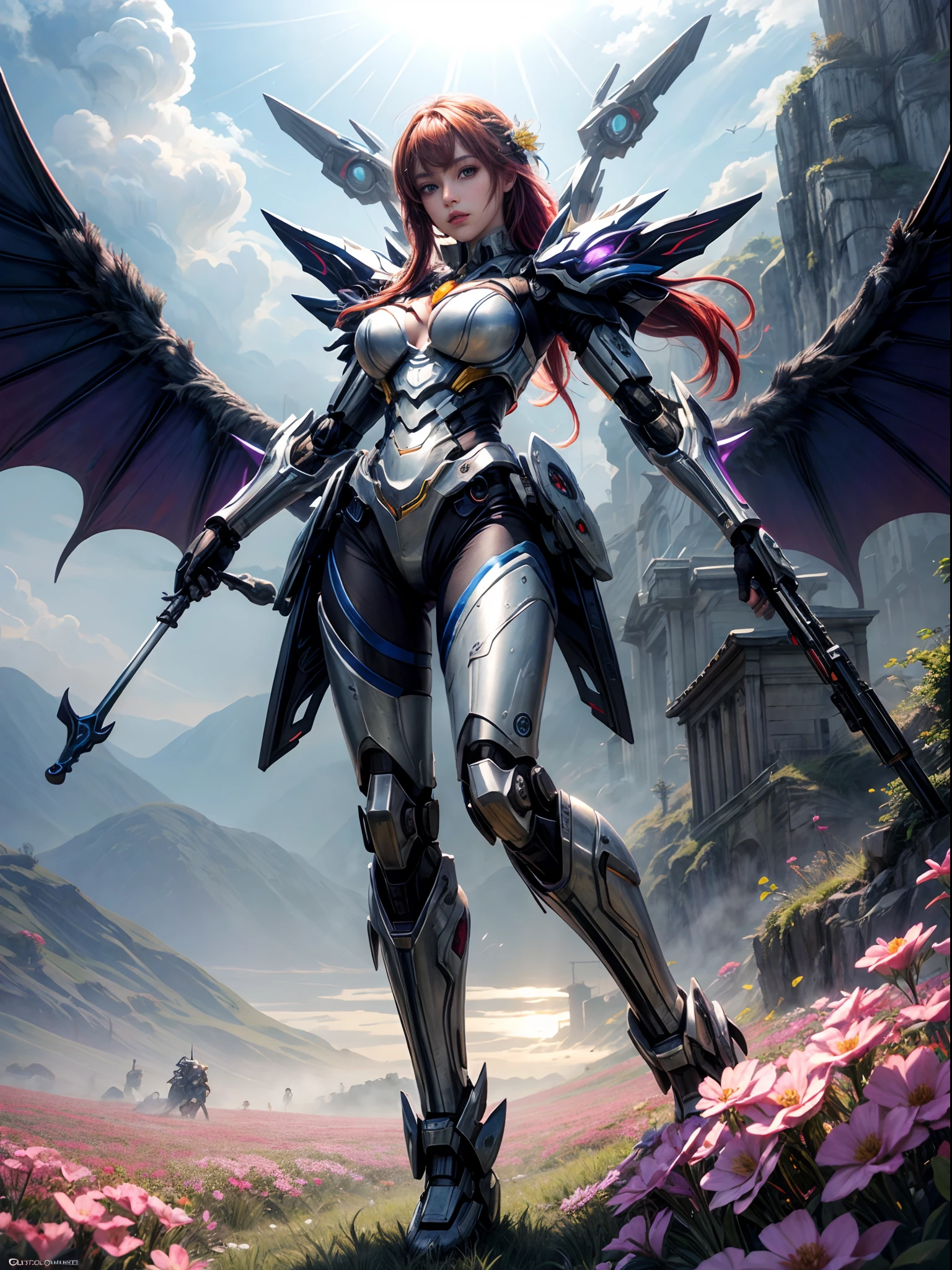 a picture of a mecha fairy resting in a rainbow colored flower meadow, full body, an exquisite beautiful (ultra detailed, Masterpiece, best quality: 1.4) female mecha fairy, dynamic angle (best detailed, Masterpiece, best quality), best detailed face (best detailed, Masterpiece, best quality: 1.5), ultra feminine (best detailed, Masterpiece, best quality), dragon_wings, red hair, long hair, braided hair, dynamic eyes color, (wearing mecha armor: 1.4), resting in (rainbow colored flower meadow: 1.6), full colored, (perfect spectrum: 1.3),( vibrant work: 1.4) vibrant shades of red, orange, yellow, green, blue, indigo, violet day light, sun rising, high details, fantasy art, RPG art best quality, 16k, [ultra detailed], masterpiece, best quality, (ultra detailed), full body, ultra wide shot, photorealistic, mecha musume, anatomically correct, textured skin, high details, 8k