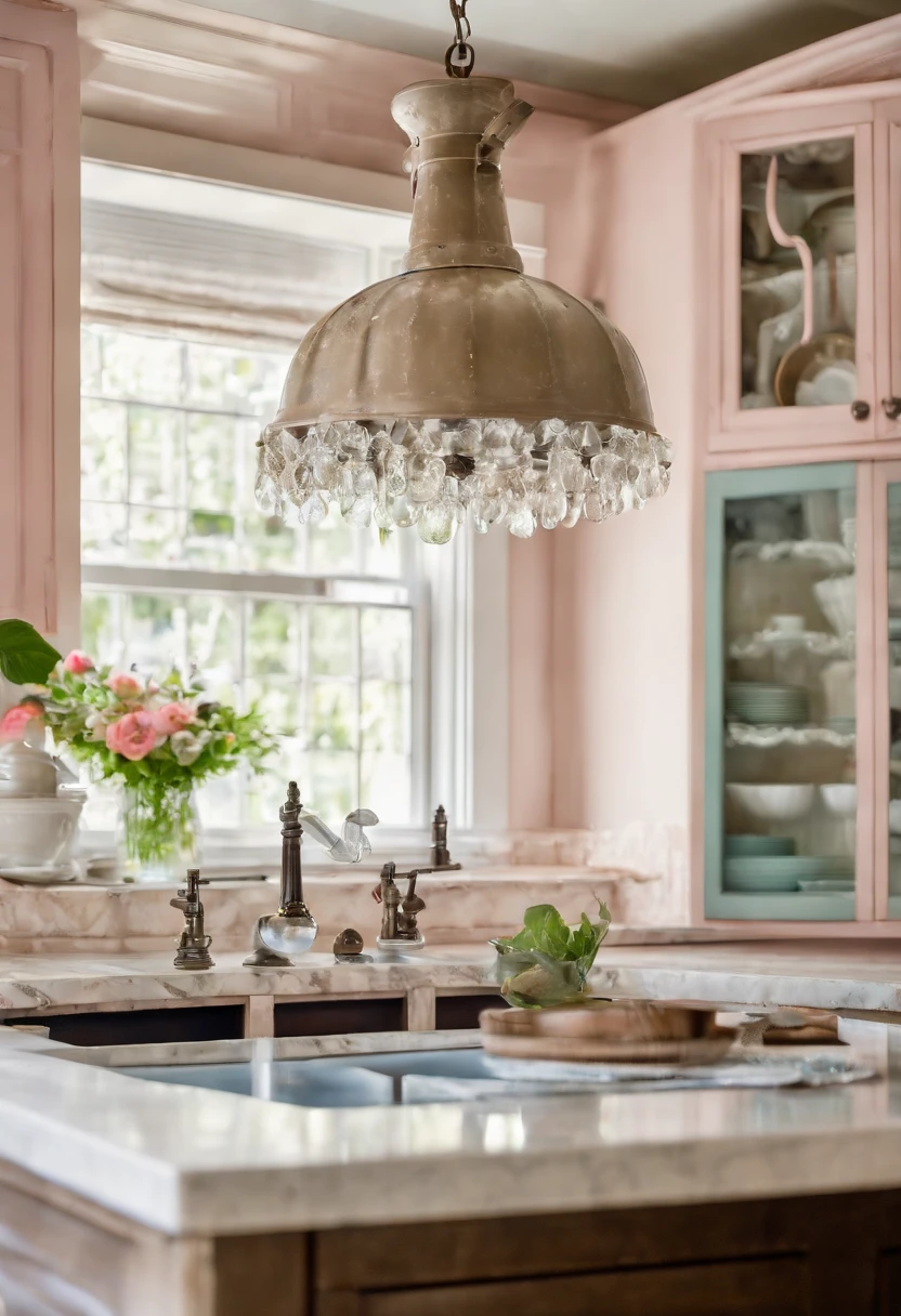kitchen shabby chic style with old farm table crystal chandalier pink appliances white cabinets with blue botanical images
