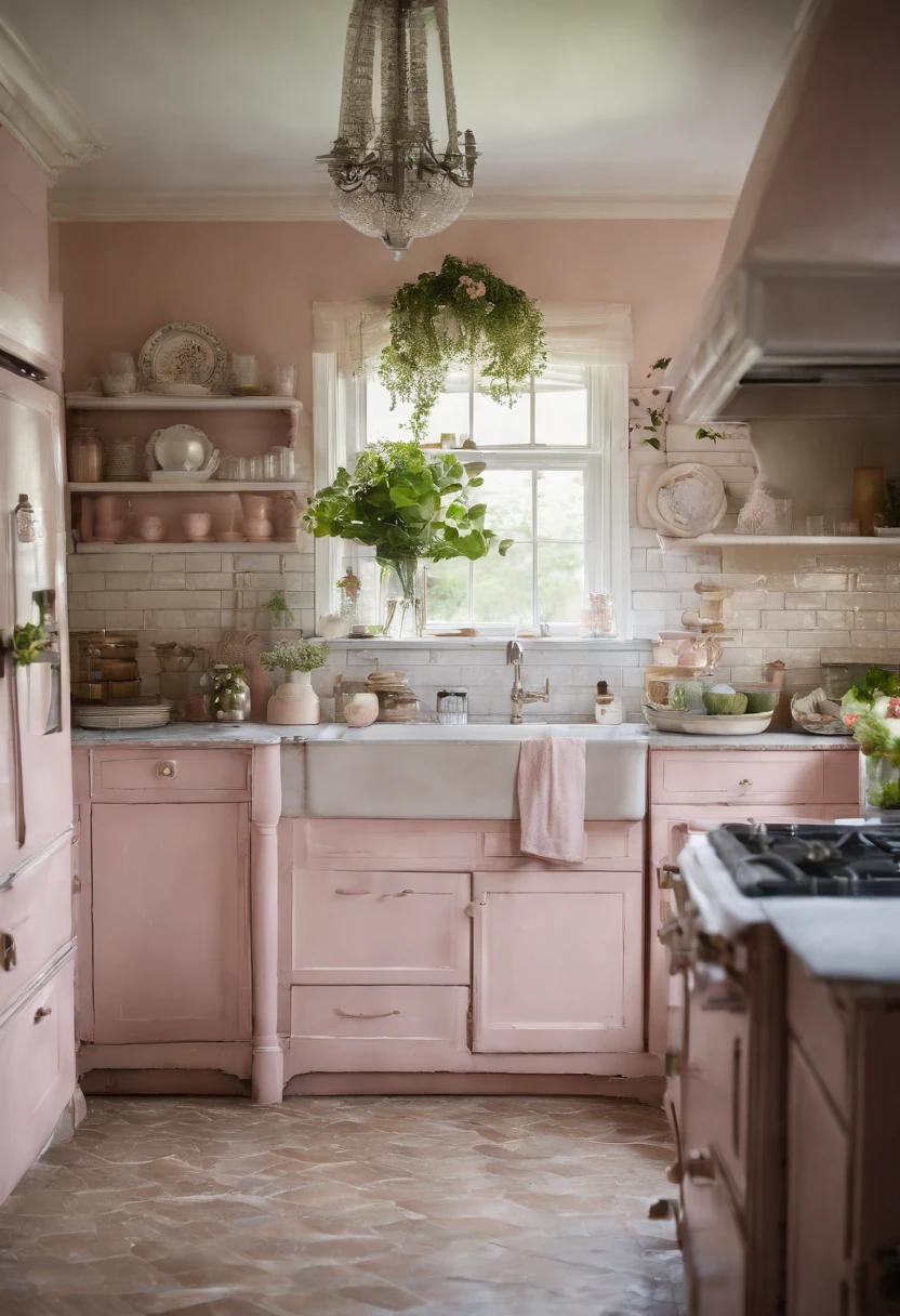 kitchen shabby chic style with old farm table crystal chandalier pink appliances white cabinets with blue botanical images