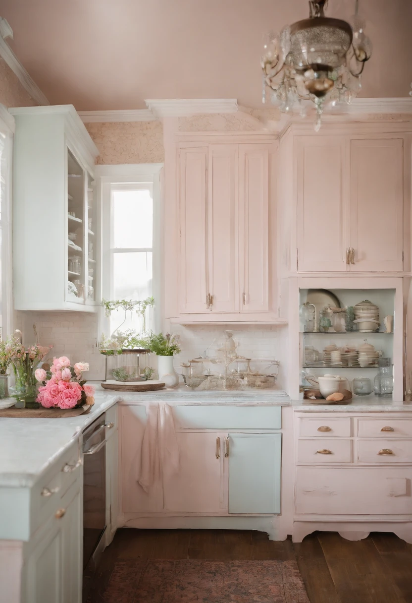 kitchen shabby chic style with old farm table crystal chandalier pink appliances white cabinets with blue botanical images