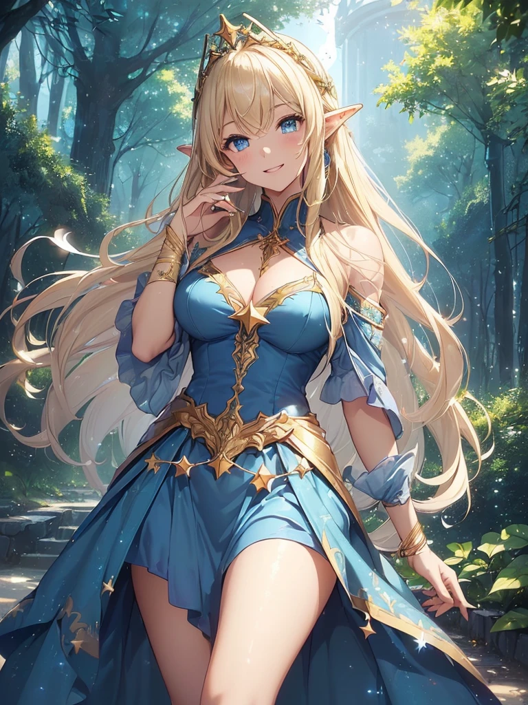 top-quality、Top image quality、masterpiece、girl with((20yr old、Best Bust、big bast、Bust 90,Beautiful blue eyes、,Blonde long hair、A slender、Fairy feathers、In beautiful dresses of various colors、a closeup、is standing、Gold ring on wrist、beautiful tiara、hiquality、Beautiful Art、Background with((starrysky)))masutepiece、visualart、depth of fields、sky at night、、 、low angles、A sexy、Elven ears、Feathers glow in iridescent colors、light magic、in beautiful woods、Big trees、mid night、Flute melodies🎵、Fun Concerts、Happy smile、Gentle light