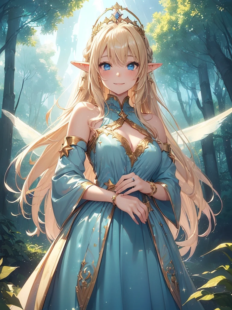 top-quality、Top image quality、​masterpiece、girl with((20yr old、Best Bust、big bast、Bust 90,Beautiful blue eyes、,Blonde long hair、A slender、Fairy feathers、In beautiful dresses of various colors、a closeup、is standing、Gold ring on wrist、beautiful tiara、hiquality、Beautiful Art、Background with((starrysky)))masutepiece、visualart、depth of fields、sky at night、、　、low angles、A sexy、Elven ears、Feathers glow in iridescent colors、light magic、in beautiful woods、Big trees、mid night、Flute melodies🎵、Fun Concerts、Happy smile、Gentle light