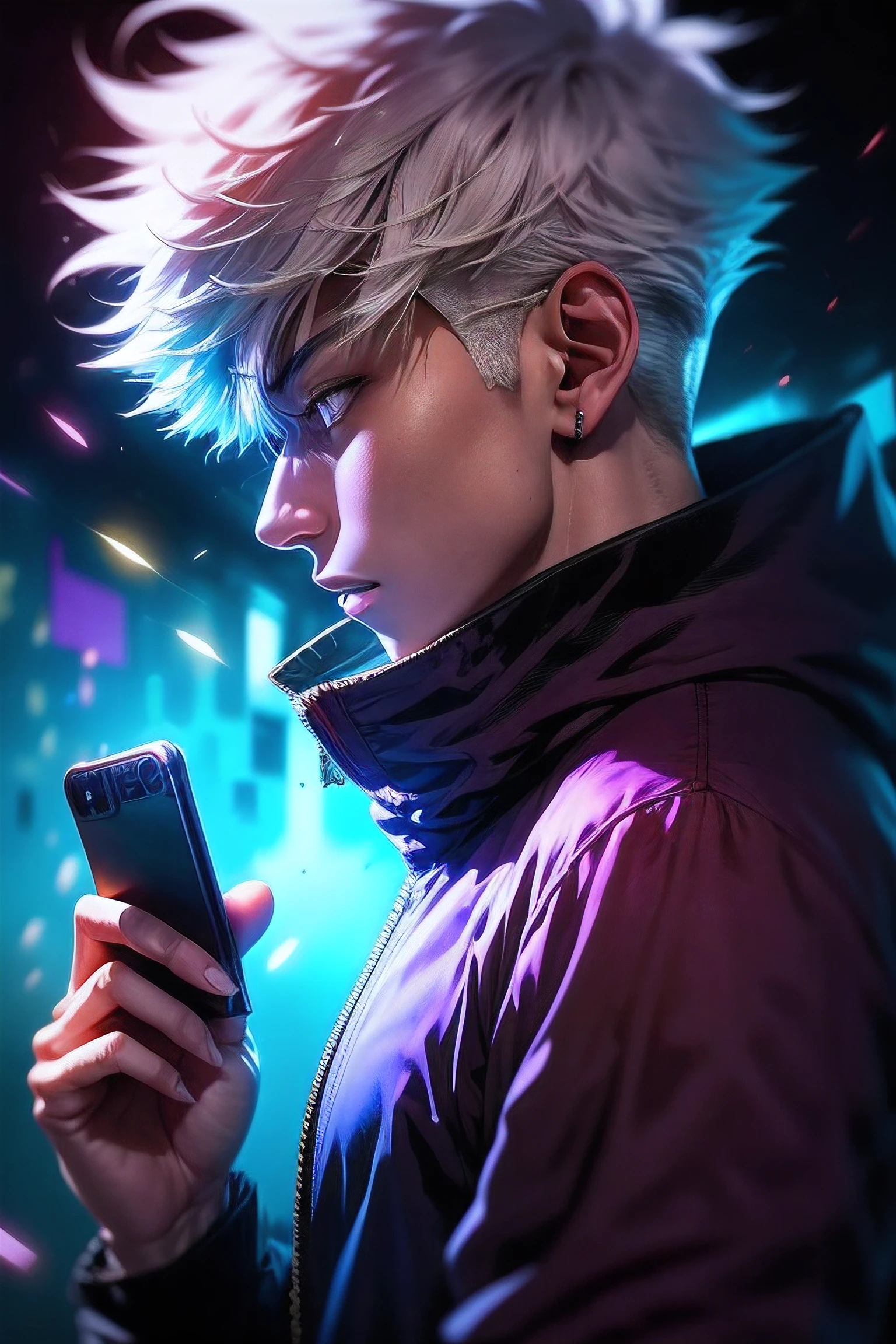 a man with white hair and a purple jacket holding a cell phone, cyberpunk art inspired by Munakata Shikō, tumblr, digital art, ufotable art style, anime wallaper, profile picture 1024px, trigger anime artstyle, badass anime 8 k, tokyo ghoul, 4k anime wallpaper, jujutsu kaisen