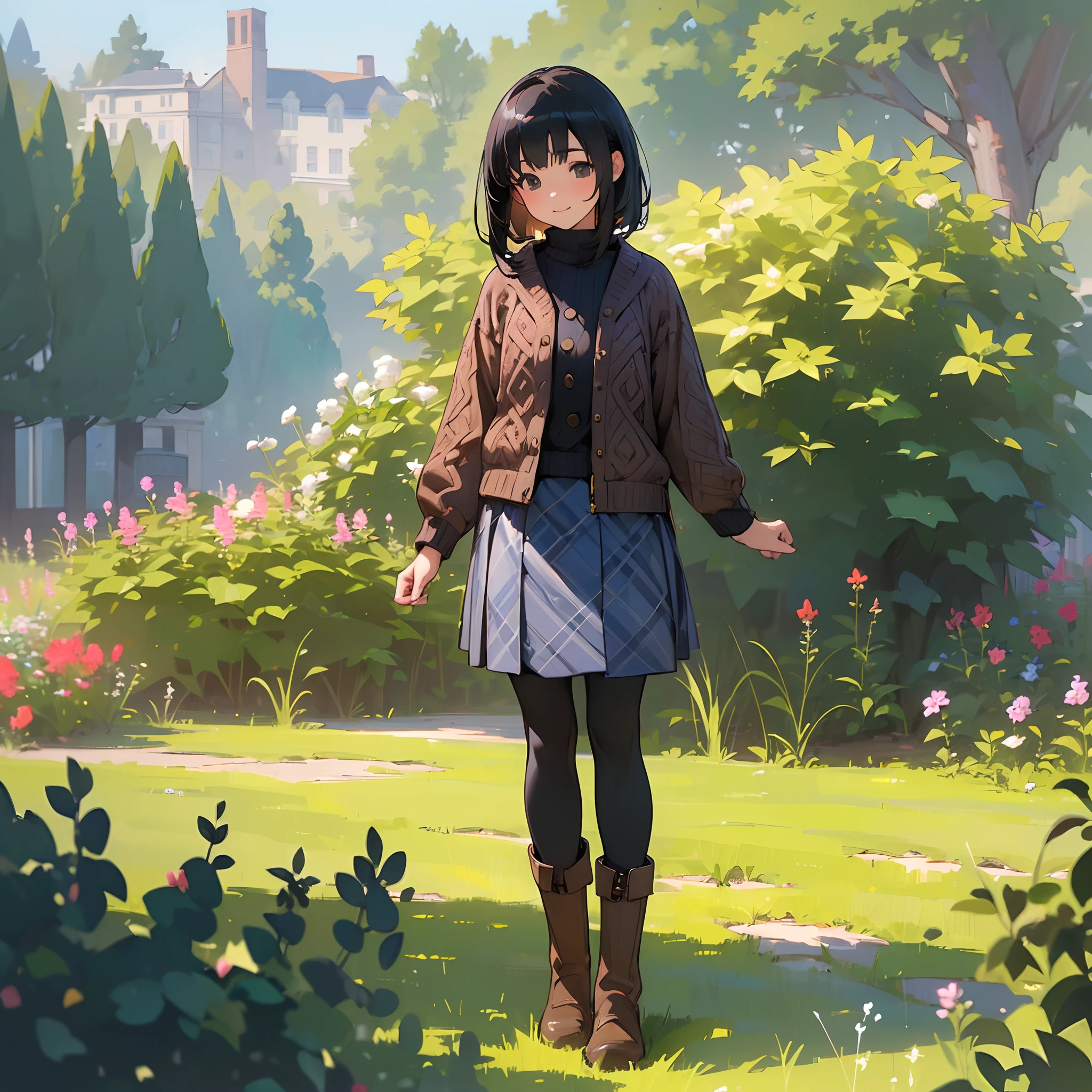 (High quality, High resolution, Ultra-detailed, Realistic:1.37), peaceful ambiance, (plein air, garden), Teenage girl standing alone, Beautiful detailed features, Cute smile, (Black bob hair), Rib Sweater, blue plaid skirt, Black tights, Brown boots.