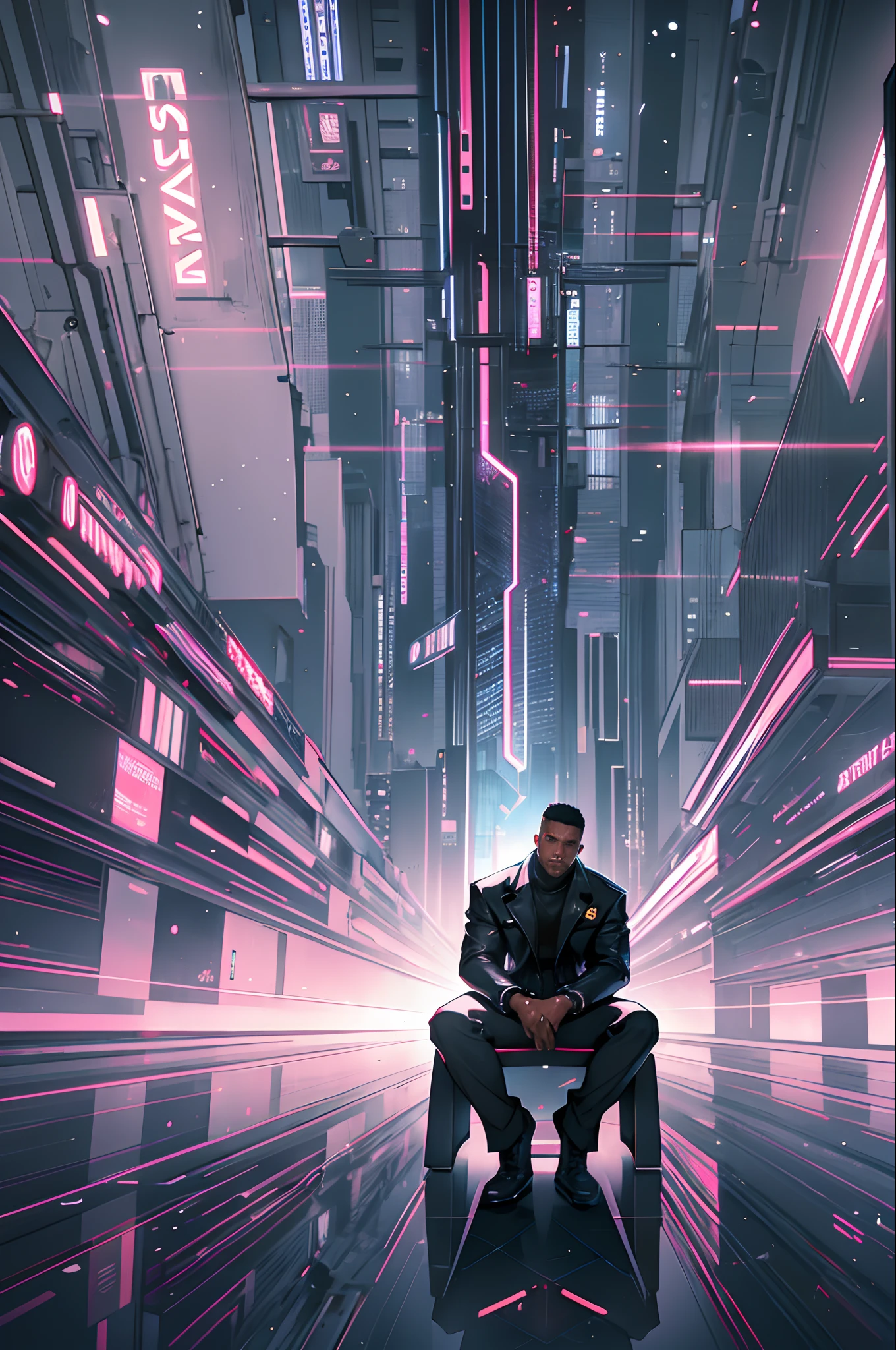 Aerial view shot of neon lit framed art portraits falling from above in a scene and surrounding a  black man sitting on a reflective surface reflecting the oblects in the scene, in a spotlight of white light shining on him from above, whole scene dark, black background except for the black man seated in the light circle, abstract art, spotlight shining a white light on the black man providing a black and white cinematic colour grading in the scene,  surrealism, artgerm style, 32k, ultra HD, unreal engine rendered, hyper-realistic image, --auto --s2