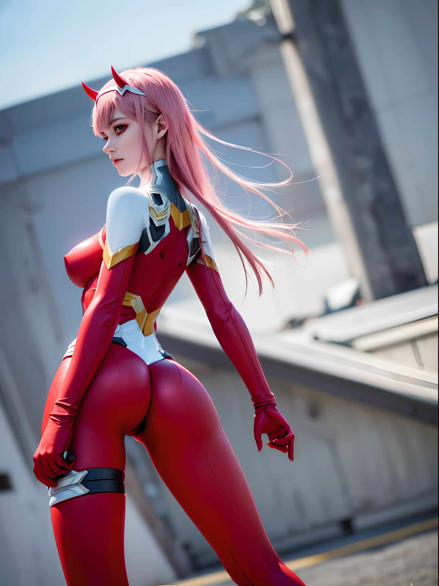 realistic, realistic details, detailed, (((1 girl, solo, large breast, slender, thing thigh, thigh gap, dfzt, pink hair, zero two (darling in the franxx), red bodysuit, skintight, horns, red pilot suit, at a franxx ciberpunk militar base in the sea, blurry background, depth of field, focus on ass, sharp focus))), ((light leaks)) , ((( focus on ass, sharp focus))) (((view from behind))) (((view from low angle))), (((she is grabbing her ass with one hand))), (((dancing, spread legs, dynamic pose, model pose)))