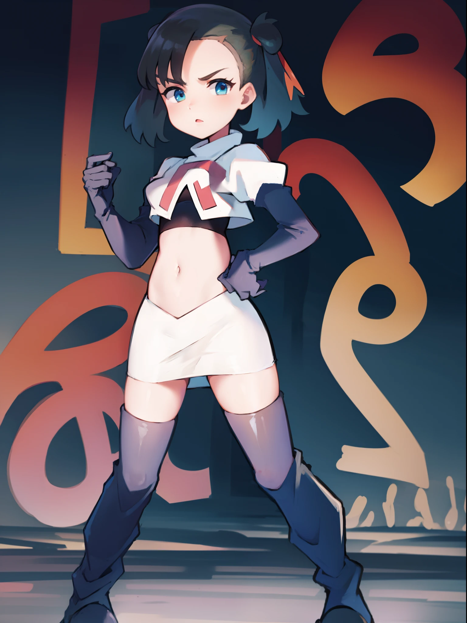 pokemonmarnie,team rocket,team rocket uniform,white skirt,crop top,black thigh-high boots,black elbow gloves,