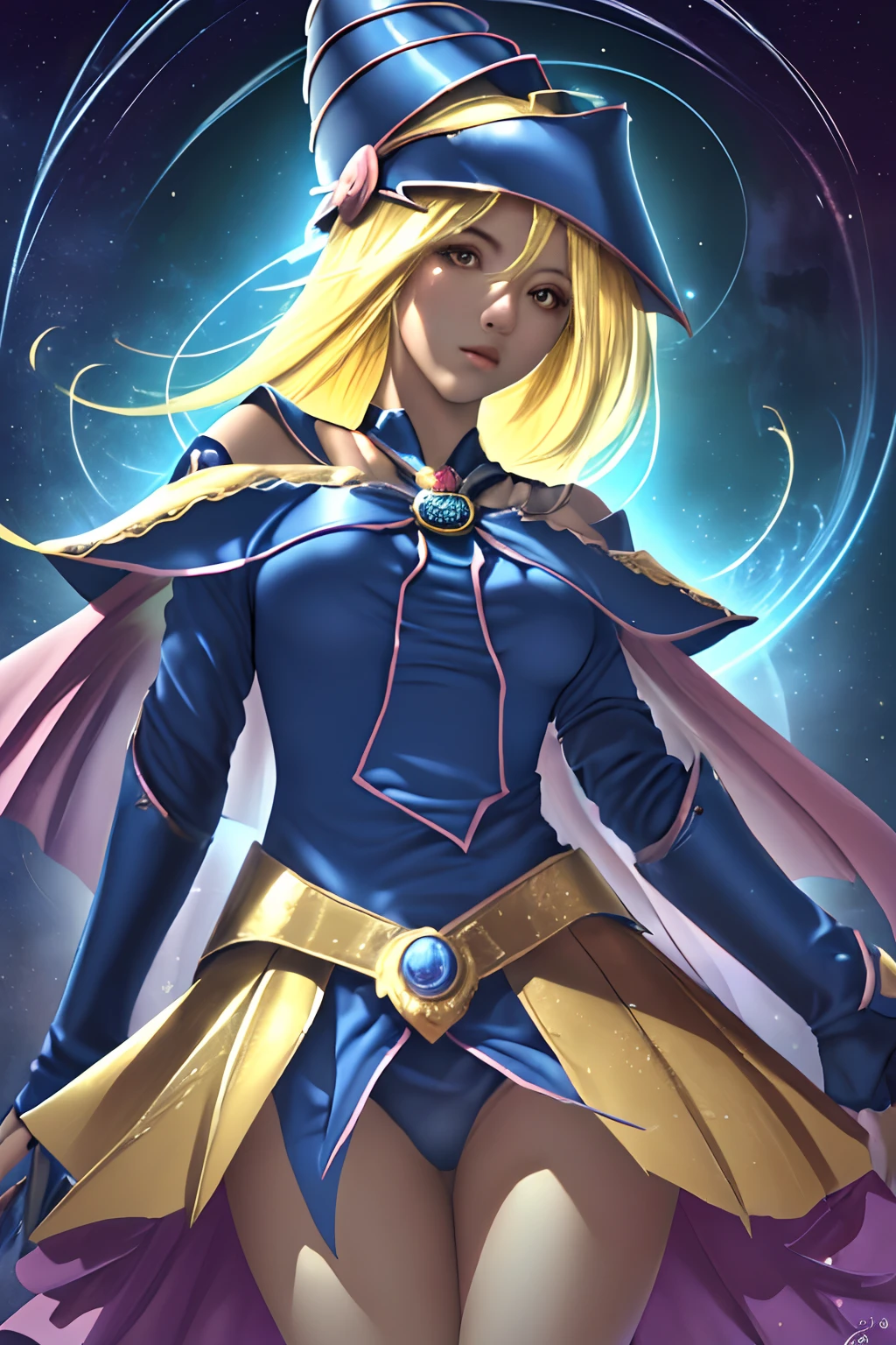 ((La mejor calidad)), ((Obra maestra)), ((realista)), retrato, dark magician gils. ojos azules, cabello rubio
1girl, celestial, Deidad, diosa, light particles, halo, Mirando al espectador,
(bioluminiscente:0.95), Vibrante, Colorido, Color, (resplandeciente, resplandecer),
(beautiful composition), cinematic lighting, intrincado, (Symmetrical:0.5), Caprichoso,