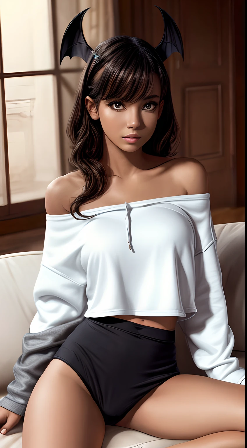 Bat Woman, wearing white and gold off shoulder cropped hoodie, best quality, super detail, wide shot, girlfriend, warm atmosphere, on the couch, facing camera, legs spread, black panties