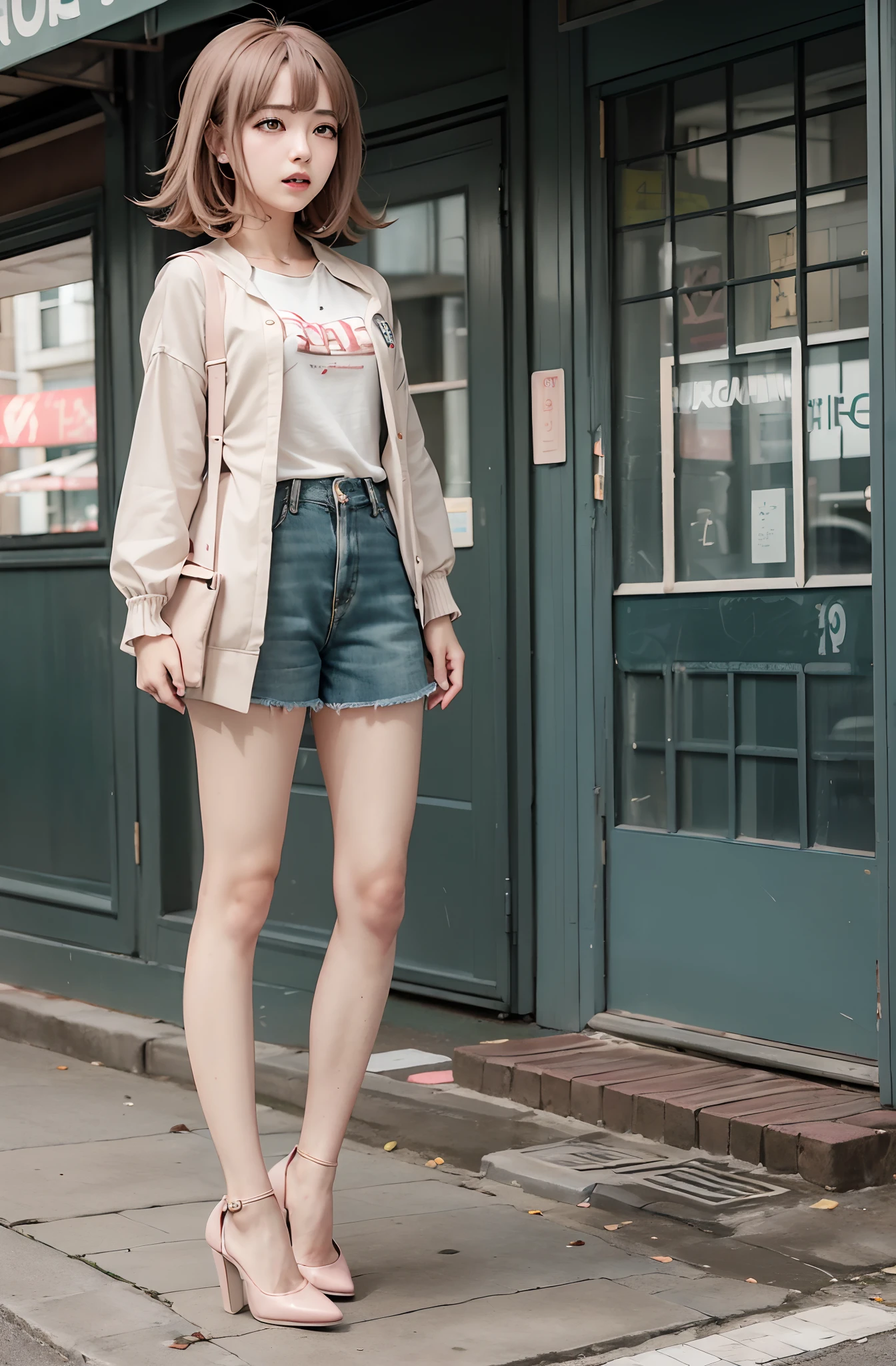 Chiaki nanami en un centro comercial con ropa informal, Pelo corto rosa, ojos rosados, flequillo, Horquilla, air particles, 20 yrs old girl , ((Blusa verde oliva, vaqueros, high-heeled shoes, bolso de mano rosa, senos medianos, Abrigo beige:1.2)),Chiaki Nanami, Nanami Chiaki, ((1girl)) ((solamente:1.6)), Filtro Clarendon