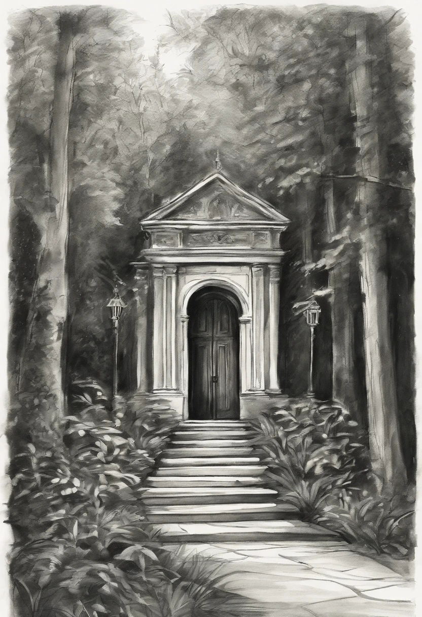 Rough charcoal sketch on old paper, Enchanted Magical Library, in the middle of the forest,COLOR THE LEAVES AND SHRUBS GREEN, Large
beautiful Library, with huge golden glowing doors,COLOR THE DOORS A GOLDEN YELLOW
Clean line art,+Expressive lines,Paint in an expressive sketch style, hatching, Black and white sketch, hand painted, Rough charcoal sketch on old paper Enchanted Magical Library, in the middle of the forest, Clean line art,+Expressive lines,Paint in an expressive sketch style, hatching, Black and white sketch, hand painted, sketching, Linear style::Sketch note style sketch, Linear style::Sketch annotation style