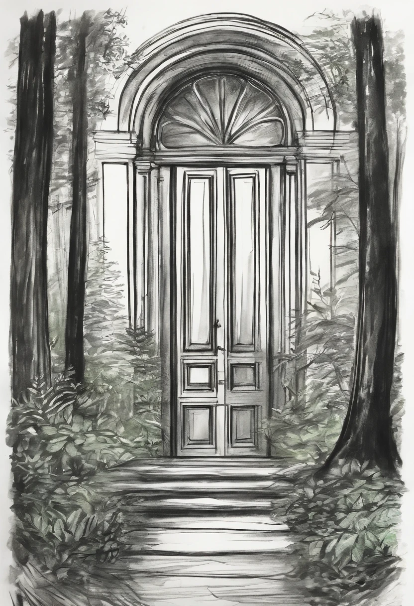 Rough charcoal sketch on old paper, Enchanted Magical Library, in the middle of the forest，COLOR THE LEAVES AND SHRUBS GREEN, Large 
beautiful Library, with huge golden glowing doors,COLOR THE DOORS A GOLDEN YELLOW
Clean line art,+Expressive lines,Paint in an expressive sketch style, hatching, Black and white sketch, hand painted, Rough charcoal sketch on old paper Enchanted Magical Library, in the middle of the forest, Clean line art,+Expressive lines,Paint in an expressive sketch style, hatching, Black and white sketch, hand painted, sketching, Linear style::Sketch note style sketch, Linear style::Sketch annotation style