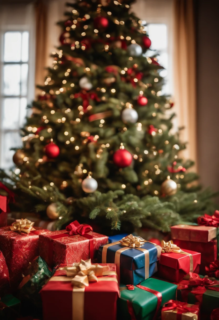 Capture a wide-angle shot of a pile of Christmas gifts under a beautifully decorated tree, creating a sense of abundance and excitement