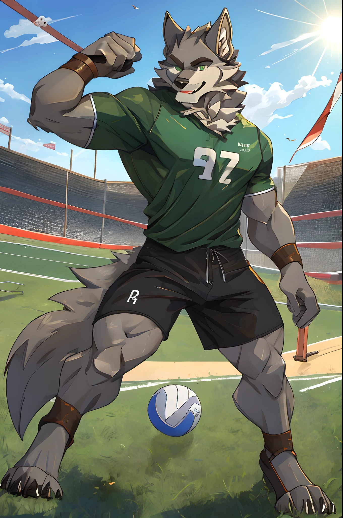 Best quality, Solo, Ranok, Furry Wolf, Gray Fur, Green Eyes, Medium Muscular Body, Handsome, Good Looking, Volleyball Shirt, Cool Pose, Fierce, Smiling, Volleyball Field Background