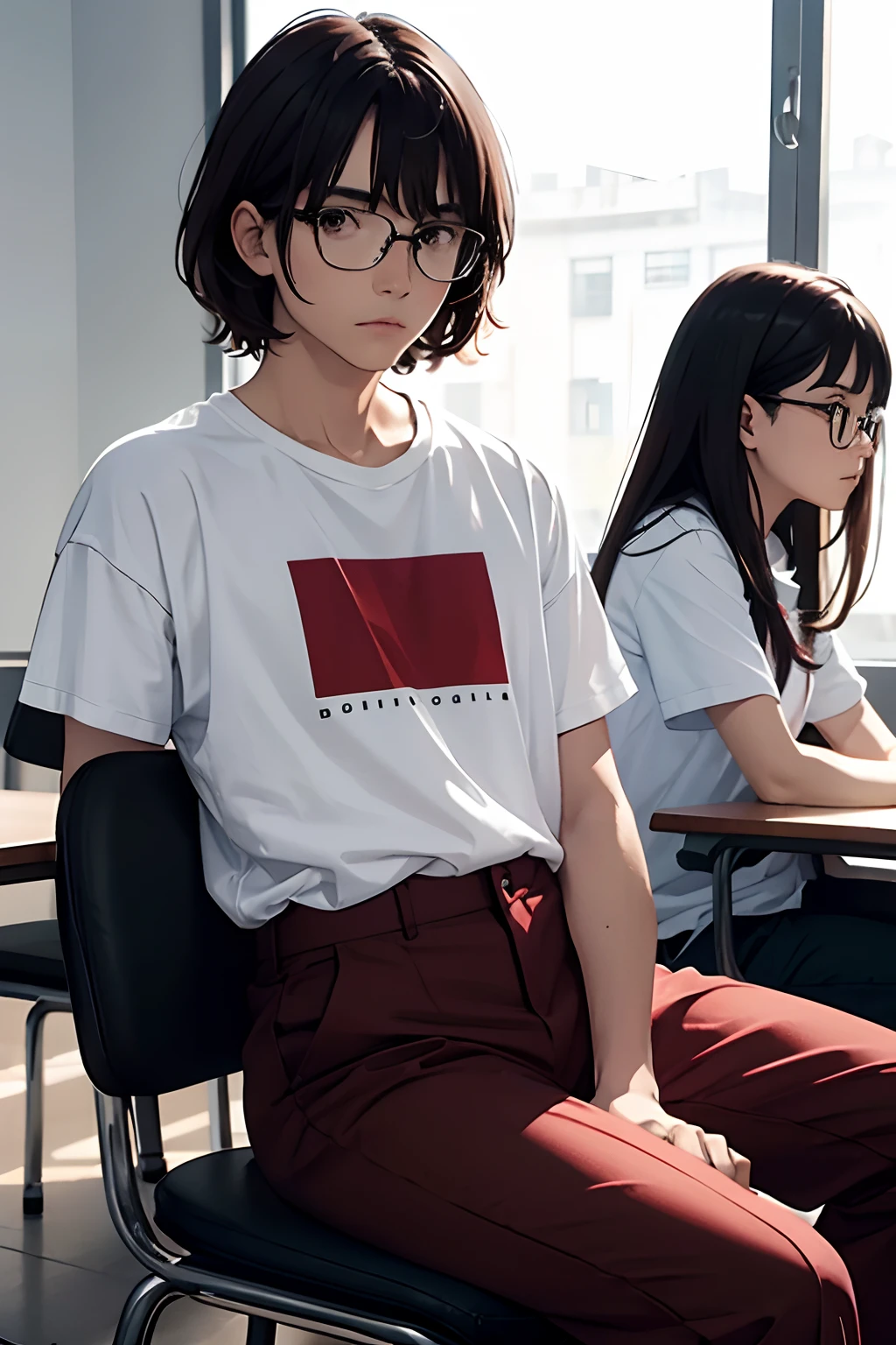 1hombre, lentes negros de marcas rojas, camiseta blanca, pantalones negros, sentado en una silla de clase, un salon de clases, brown-hair
