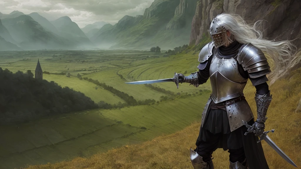Gothic knight in medieval armor wielding a large sword grassy dramatic verdant valley