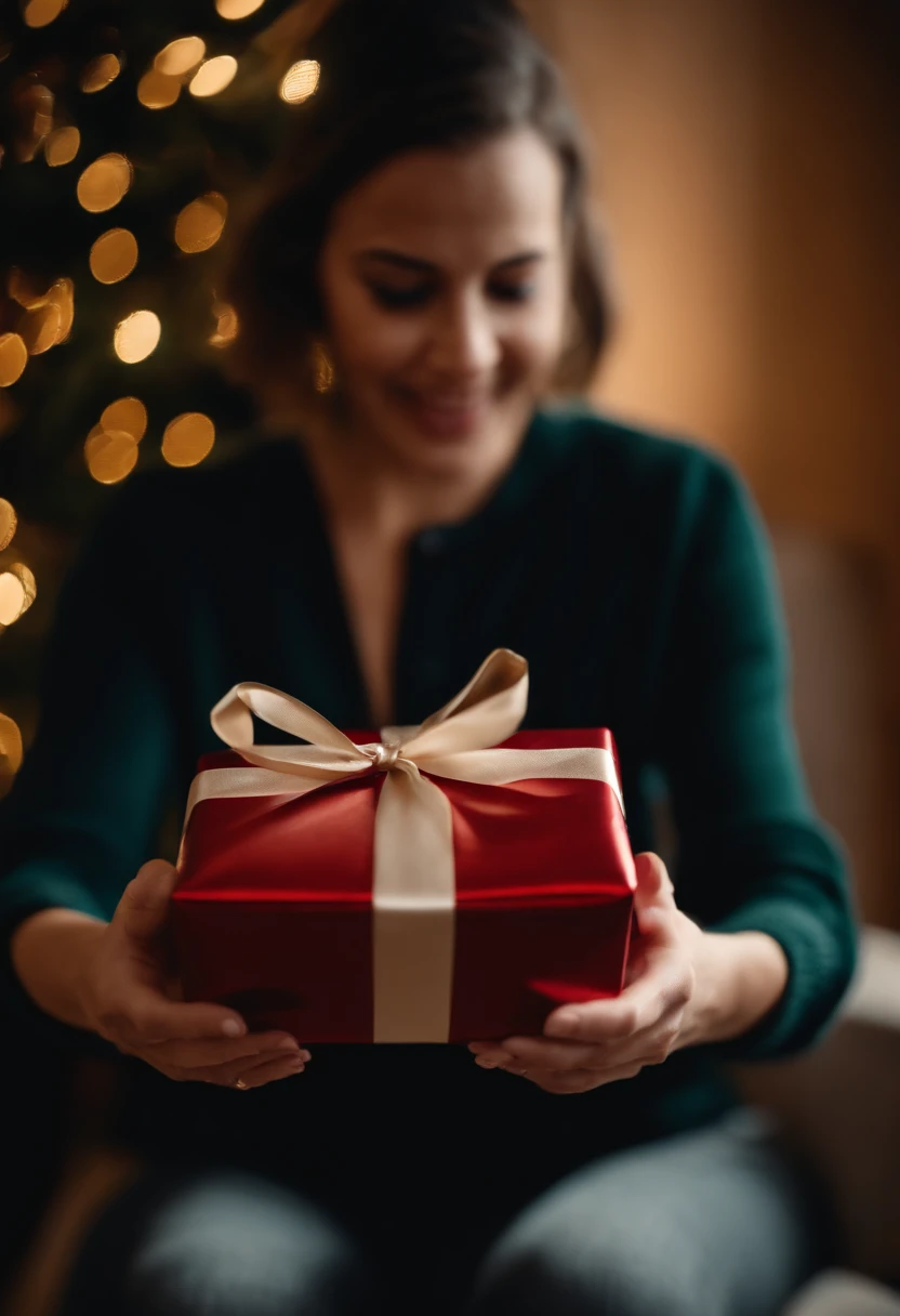 Capture a candid shot of someone opening a Christmas gift, capturing their genuine surprise and joy