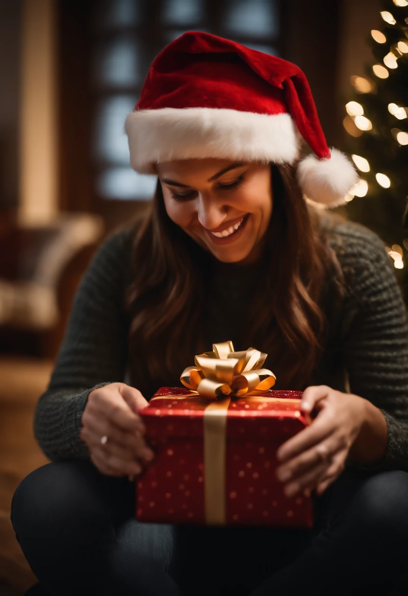 Capture a candid shot of someone opening a Christmas gift, capturing their genuine surprise and joy