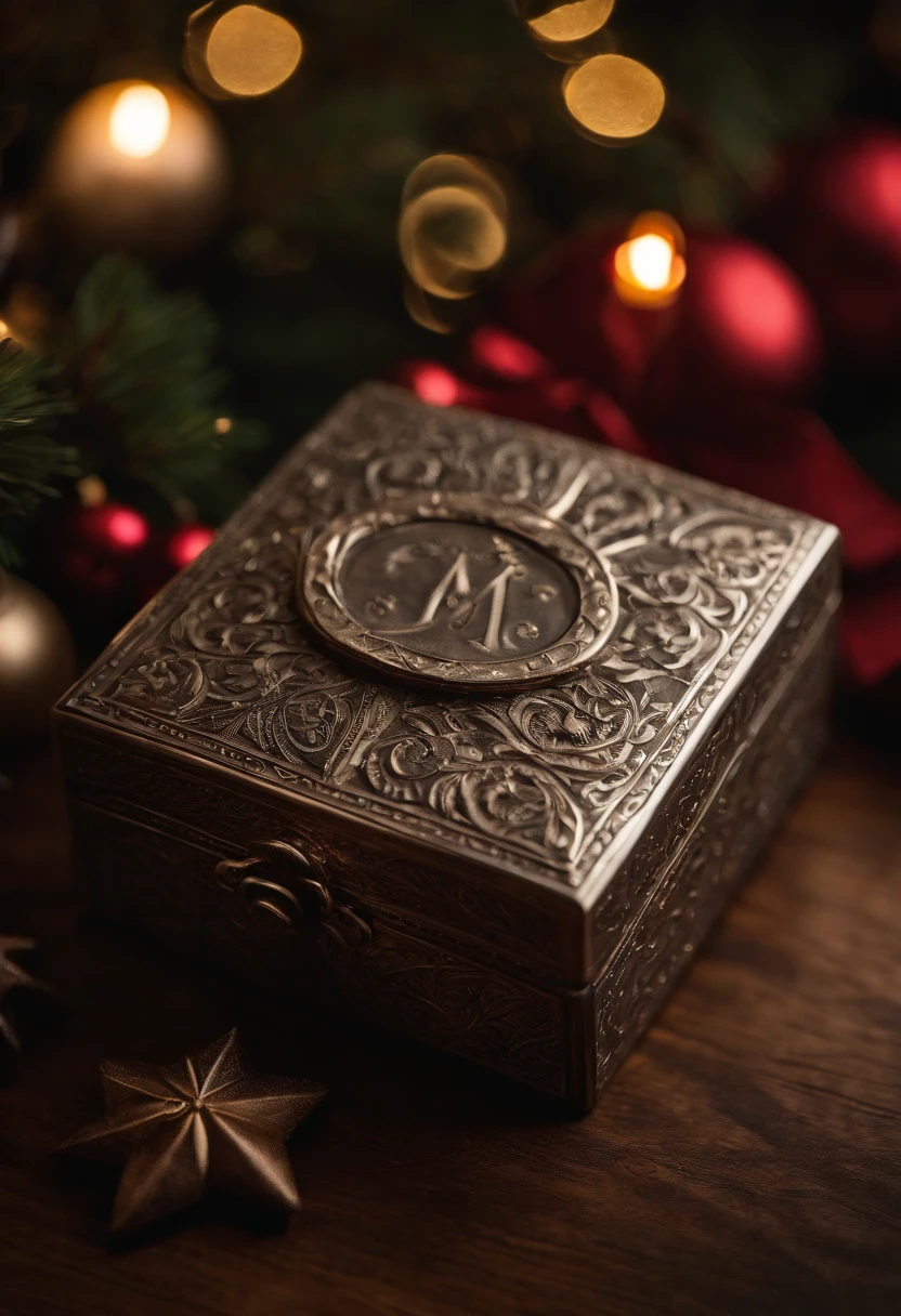 Capture a detail shot of a unique and personalized Christmas gift, highlighting the intricate engraving or embellishments