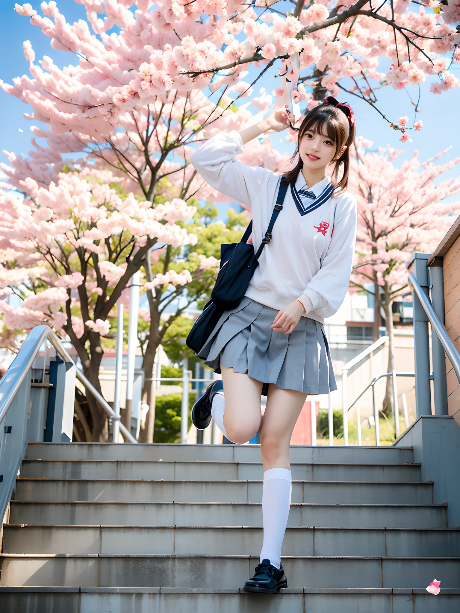 A woman in a school uniform poses on a set of stairs, seifuku, Japanese school uniform, Anime style mixed with Fujifilm, japanese girl school uniform, Magical school student uniform, belle delphine, Wearing a Japanese school uniform, Female Student, Beautiful Anime High School Girls, chiho, iwakura lain, Sakura Kinomoto, under a sakura tree