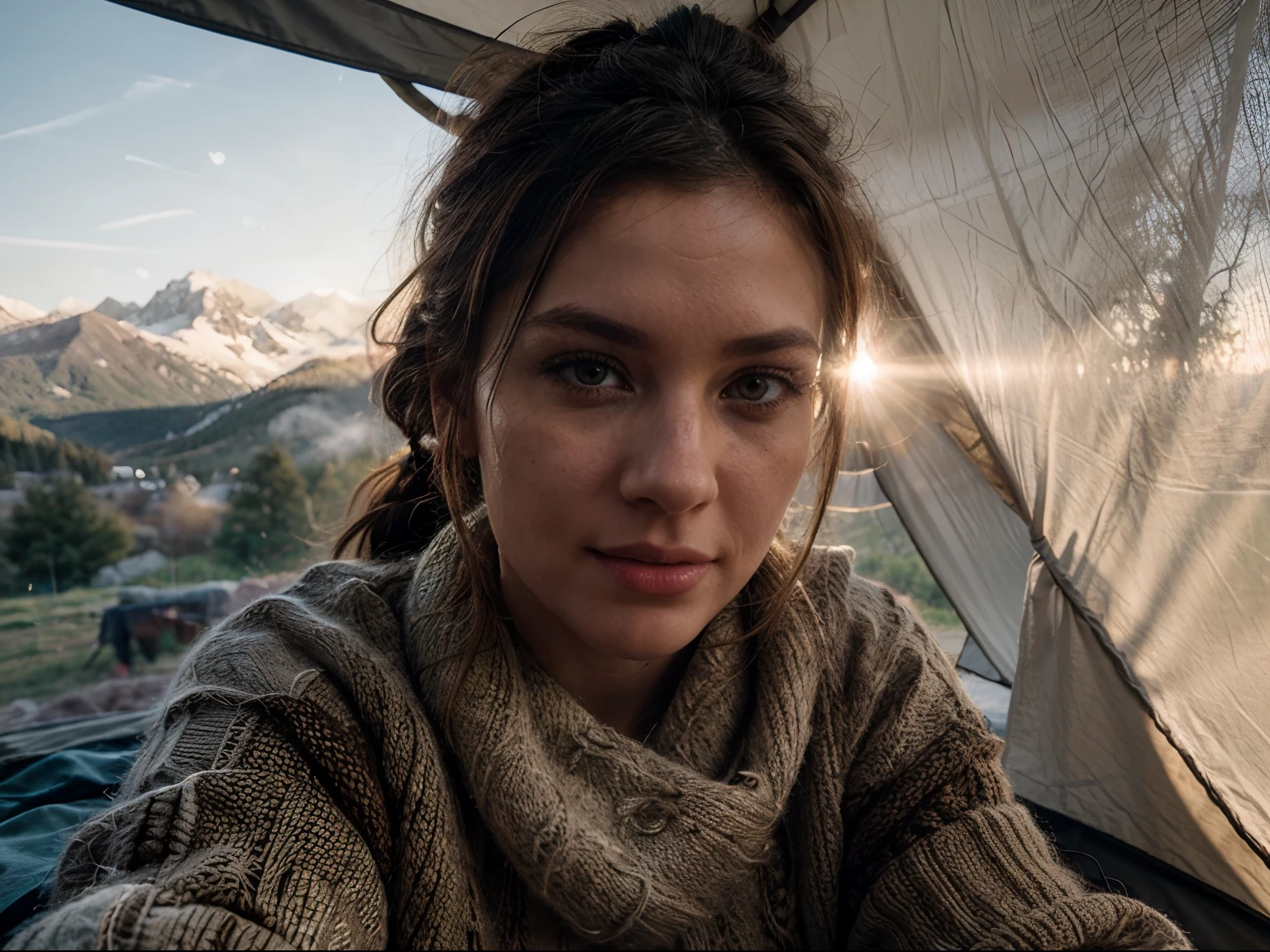1 woman, American, beautiful, ((upper body selfie, happy)), taken inside tent, beautiful morning backlight, lens flare, show tent opening, masterpiece, best quality, ultra-detailed, solo, she's comfy inside tent, (sunrise), mountains, nature, (glorious morning sunlight), cheerful, happy,, she's cozy in big fluffy sleeping bag, warm and inviting, opening of tent looks outside to stunning misty mountains, forest, rocks, river, wood, smoke, shadows, contrast, clear sky, analog style (look at viewer:1.2) (skin texture) ,(ultra-realistic eyes, pupil coloring, eyelashes), highest quality, (film grain:1.3), (warm hue, warm tone:1.2), close up, cinematic light, sidelighting, ultra high res, best shadow, RAW, upper body, wearing knitted sweater, hair up in messy ponytail, relaxed and intimate, resting, happy, best moment