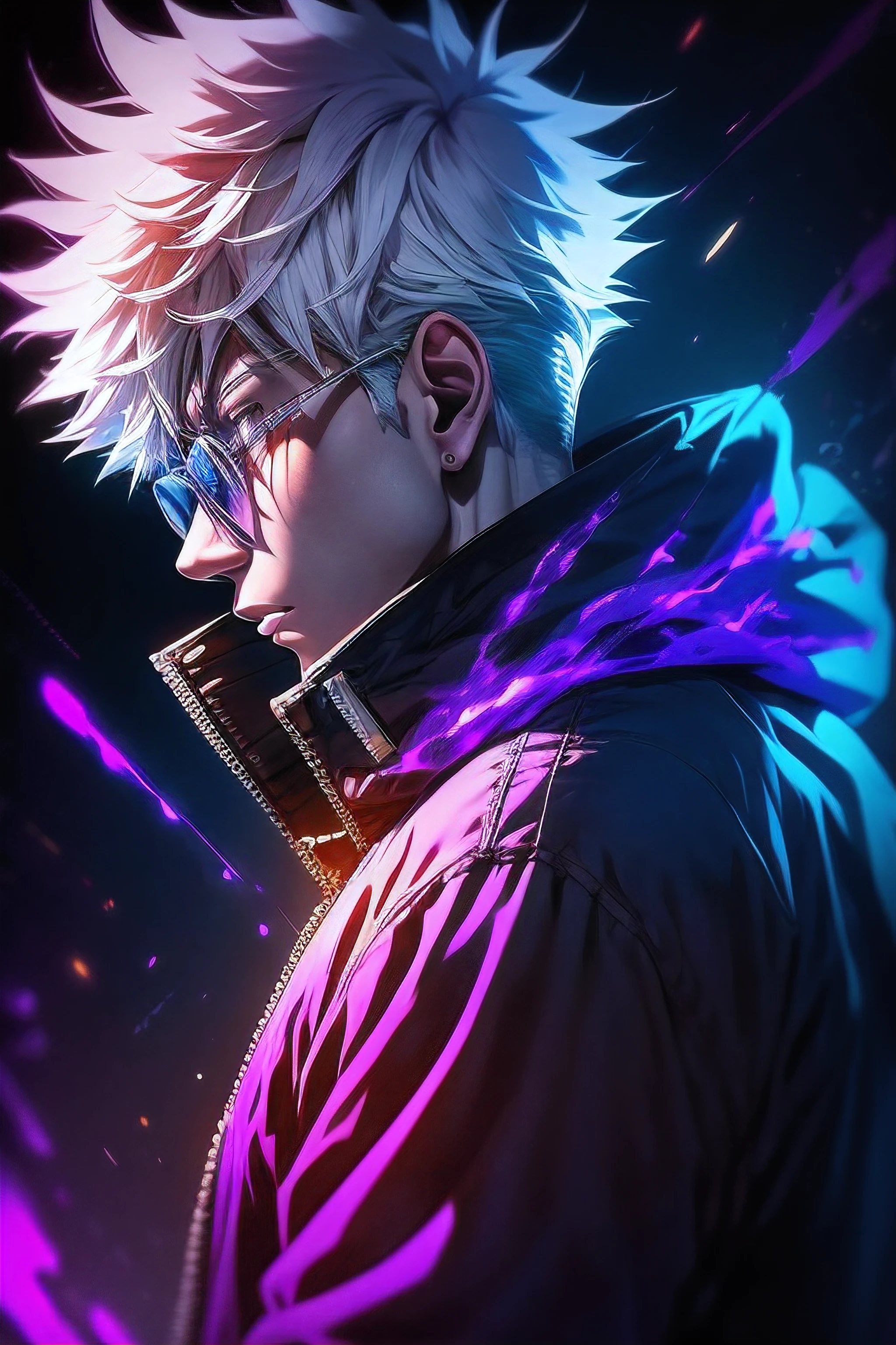 a man with white hair and a purple jacket holding a cell phone, cyberpunk art inspired by Munakata Shikō, tumblr, digital art, ufotable art style, anime wallaper, profile picture 1024px, trigger anime artstyle, badass anime 8 k, tokyo ghoul, 4k anime wallpaper, jujutsu kaisen